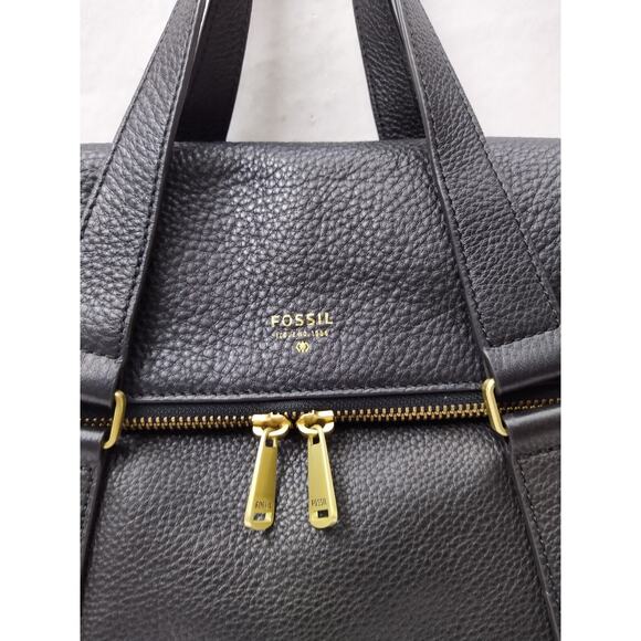 Fossil Black Pebbled Expandable Zipper Double Handles Satchel Shoulder Bag - Picture 3 of 16